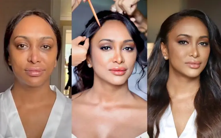 Before and after makeup transformation showing three stages - bare face, during makeup application, and final glamorous look