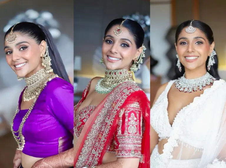 Three women dressed in Indian bridal attire, each showcasing distinct traditional styles with heavy jewelry and elegant makeup.