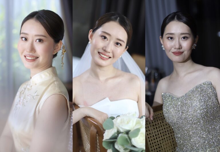 Three women in bridal attire showcasing a variety of elegant styles, including traditional, contemporary, and glamorous designs.