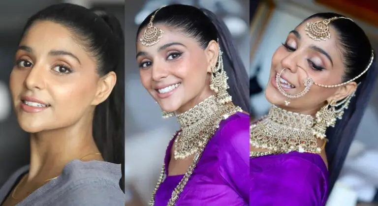 Three portraits of a South Asian bride showing makeup and jewelry transformation - from natural look to full bridal ensemble featuring traditional Indian jewelry and purple attire