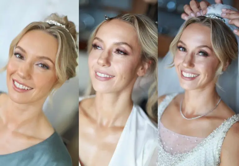 Series of three bridal portraits showing a woman in wedding attire and makeup with natural, glowing makeup looks