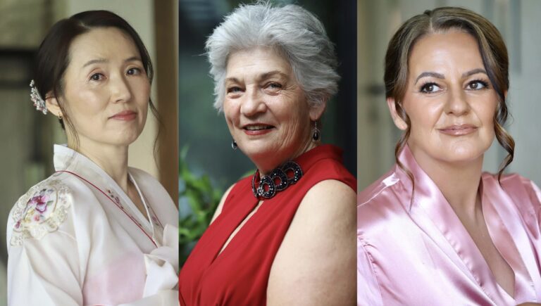 Three side-by-side portraits of women in wedding-related attire - a bridesmaid in a traditional Asian silk dress, a mother of the bride in a red sleeveless dress, and a wedding guest in a pink satin robe.